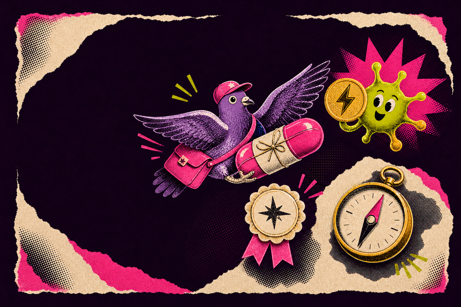 A purple courier pigeon delivers playful fictional novelty gifts from a colorful joke laboratory